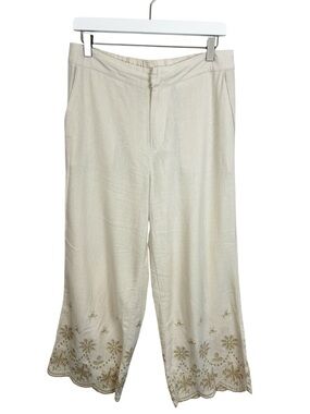 Tahari Linen Blend Embroidered Cream Wide-Leg Pants Size Medium